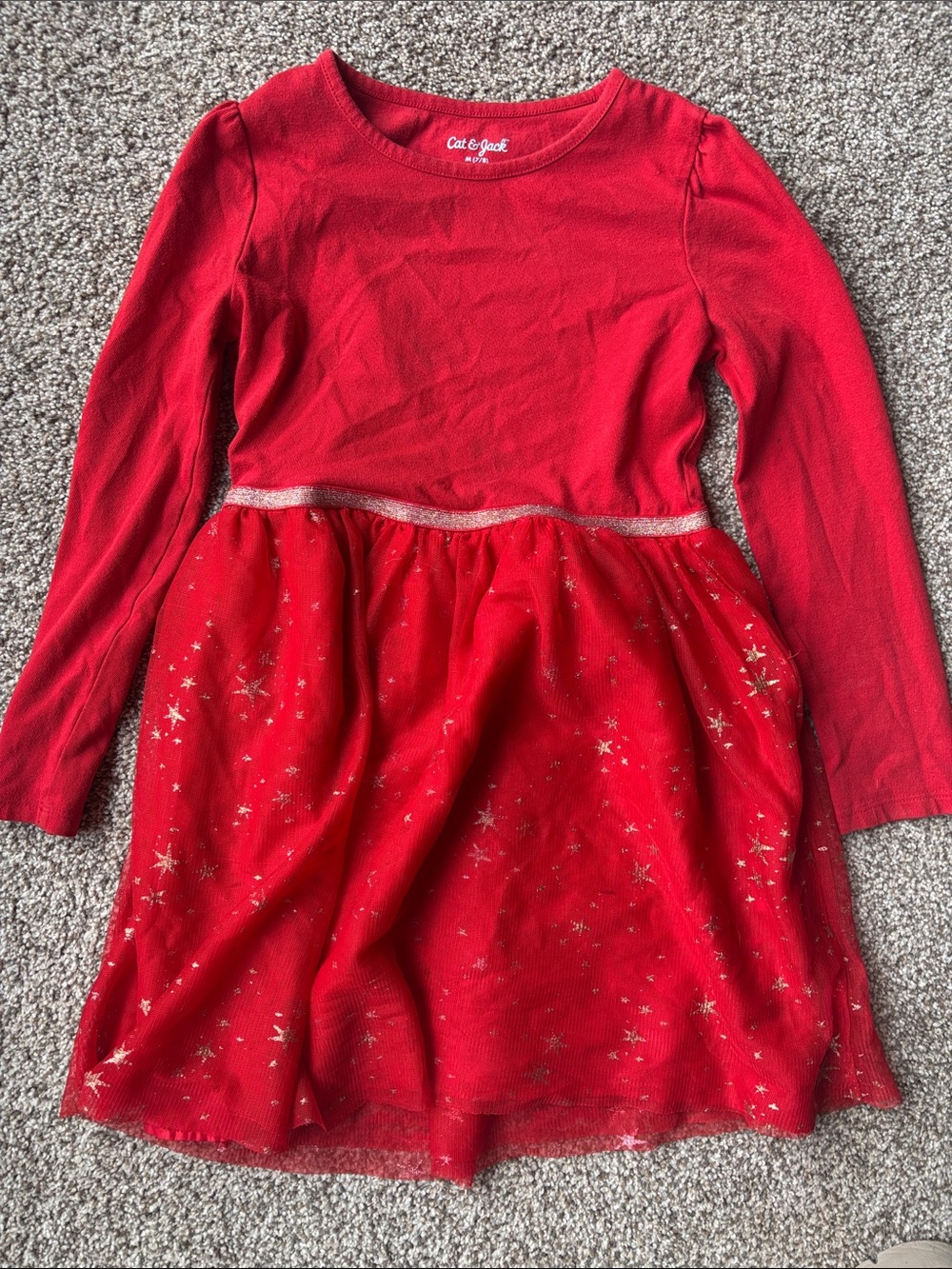 Cat & Jack Red Long-Sleeve Star Tulle Dress with Glitter Waist